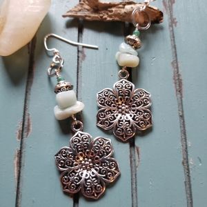 Ethnic Nepalese Amazonite Laced Flower Charm Silver Earrings